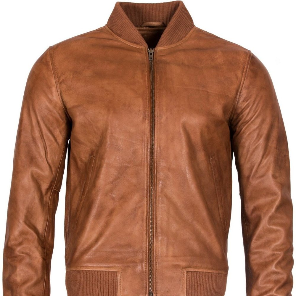 Mens Retro Tan Varsity 100% Nappa Leather Bomber